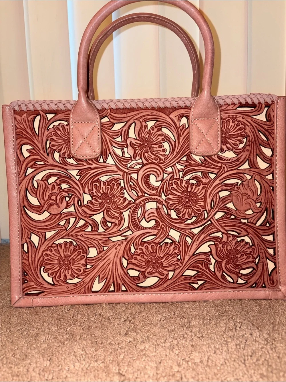Dusty Rose Laser-Cut Floral Satchel with Detachable Strap